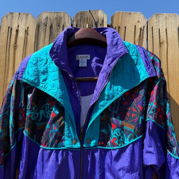 Vintage Windbreaker 90s Lavon Bold Print Nylon Athletic Sport Jacket M-XL - Picture 10 of 16